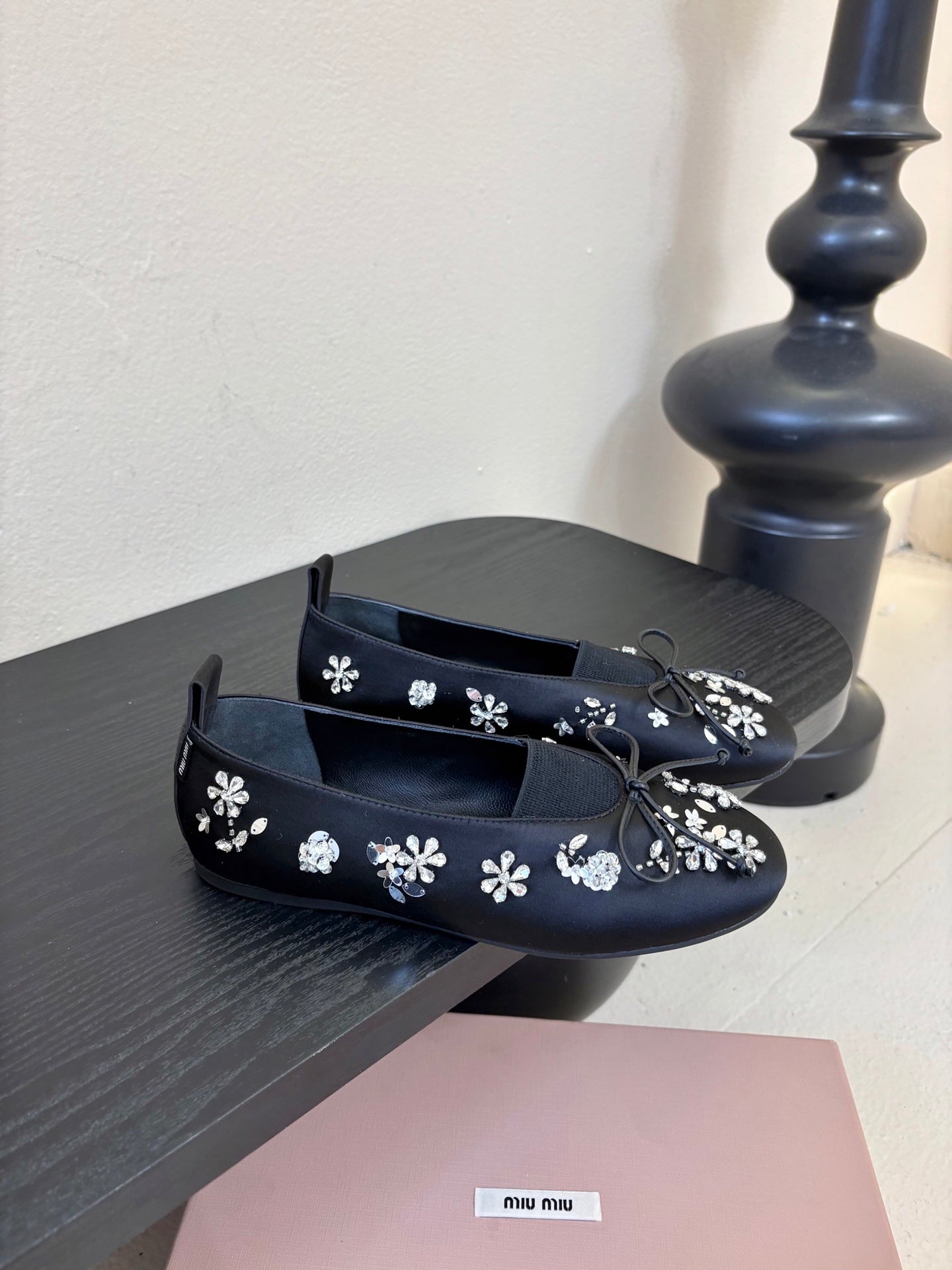 Miu Ballet Flat With Floral Crystal Dark Navy Blue Silk