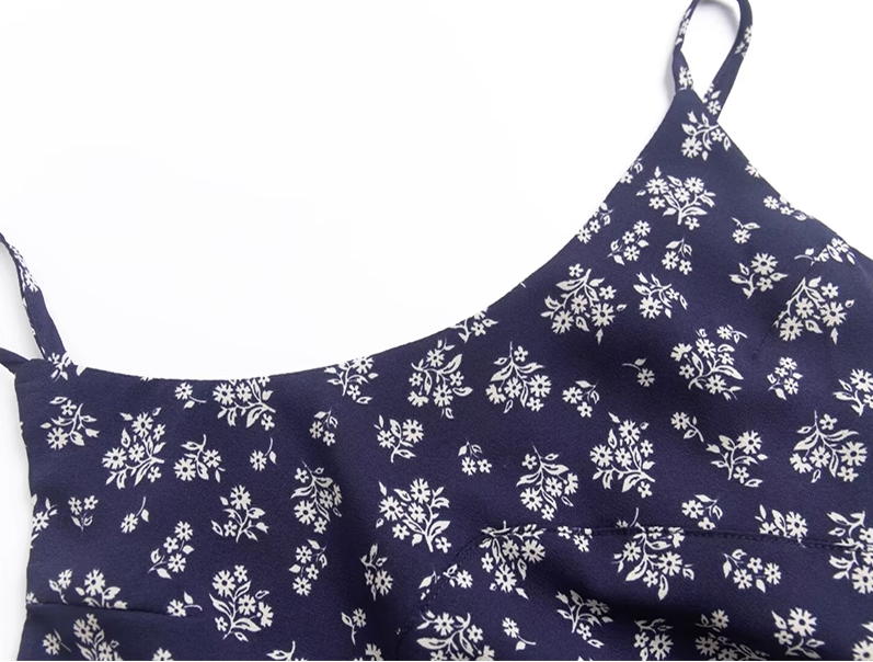 2025 Summer New Blue Floral Retro Backless Waist Long Suspender Dress R0909