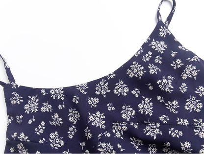 2025 Summer New Blue Floral Retro Backless Waist Long Suspender Dress R0909