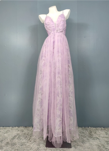 Elegant Lavender A-line V-neck Spaghetti Strap Tulle Long Prom Dress Evening Dress P4495