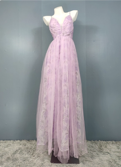 Elegant Lavender A-line V-neck Spaghetti Strap Tulle Long Prom Dress Evening Dress P4495