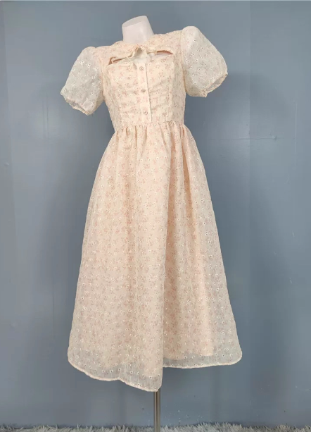 Sweet Light Apricot A-line Floral Print Puff Sleeve Chiffon Prom Dress P4496