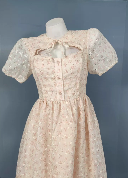 Sweet Light Apricot A-line Floral Print Puff Sleeve Chiffon Prom Dress P4496