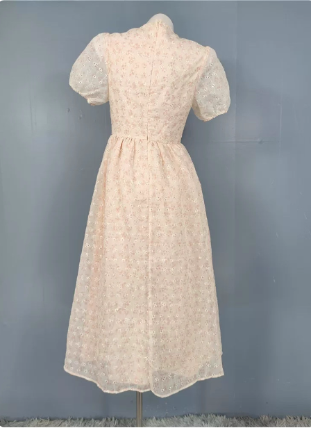 Sweet Light Apricot A-line Floral Print Puff Sleeve Chiffon Prom Dress P4496