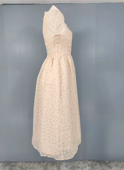 Sweet Light Apricot A-line Floral Print Puff Sleeve Chiffon Prom Dress P4496