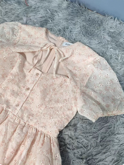 Sweet Light Apricot A-line Floral Print Puff Sleeve Chiffon Prom Dress P4496