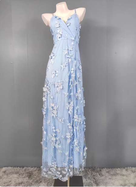 Dreamy Sky Blue A-line Spaghetti Strap Deep V 3D Floral Tulle Long Prom Dress Evening Dress P4497