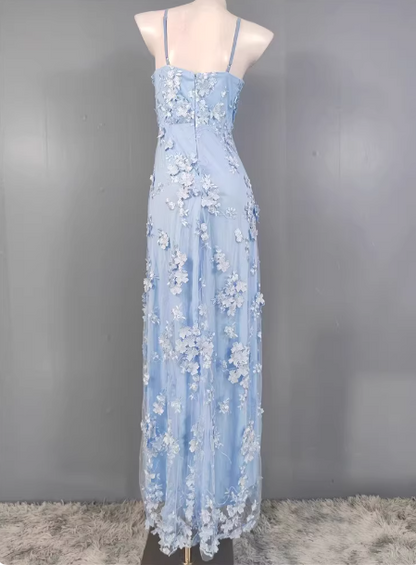 Dreamy Sky Blue A-line Spaghetti Strap Deep V 3D Floral Tulle Long Prom Dress Evening Dress P4497