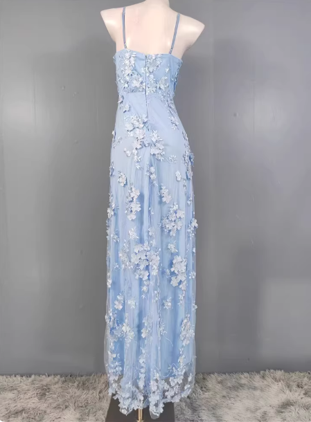 Dreamy Sky Blue A-line Spaghetti Strap Deep V 3D Floral Tulle Long Prom Dress Evening Dress P4497