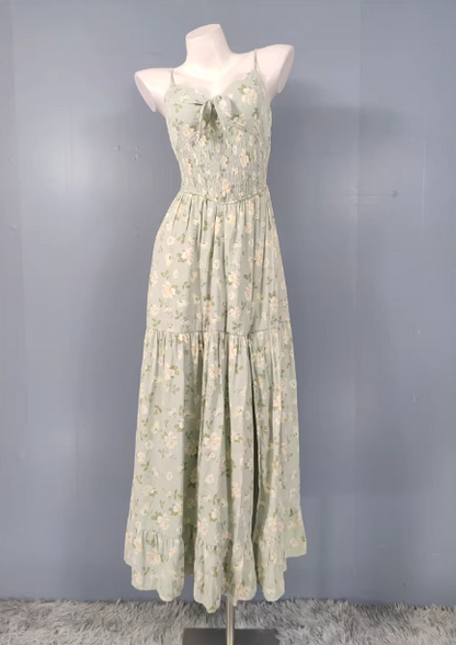 Fresh Green A-line Spaghetti Strap V-neck Floral Print Cotton Long Prom Dress P4498