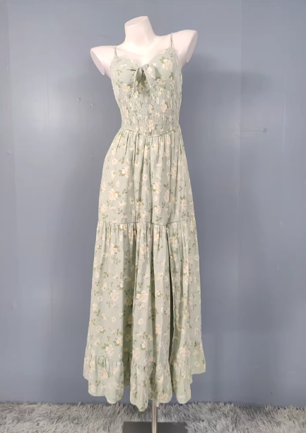 Fresh Green A-line Spaghetti Strap V-neck Floral Print Cotton Long Prom Dress P4498