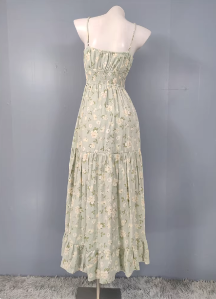 Fresh Green A-line Spaghetti Strap V-neck Floral Print Cotton Long Prom Dress P4498