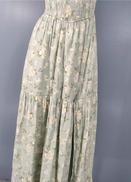 Fresh Green A-line Spaghetti Strap V-neck Floral Print Cotton Long Prom Dress P4498