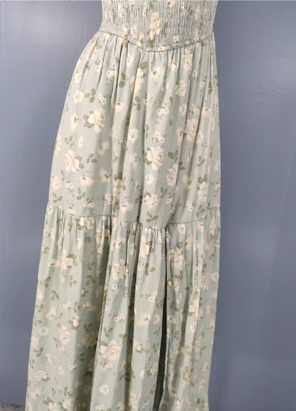 Fresh Green A-line Spaghetti Strap V-neck Floral Print Cotton Long Prom Dress P4498