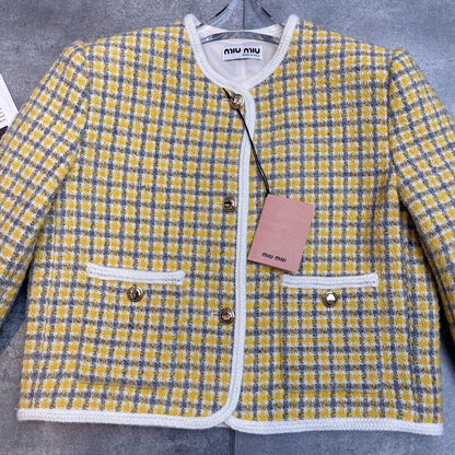 Miumiu 2025 Round Neck Long-sleeved Coat Yellow Wool