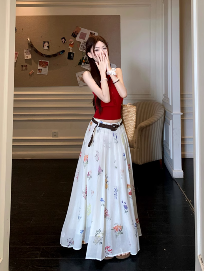 Date suit red sleeveless backless sweater printed skirt rich feeling outfit two piece suit R1744
