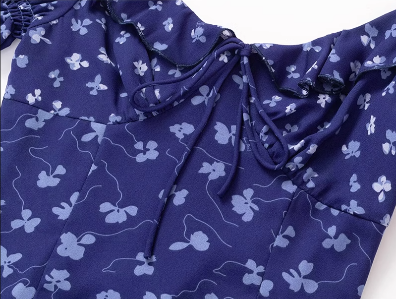 2025 Summer New Purple Floral Square Neck Puff Sleeve Retro A-line Short Dress R0949
