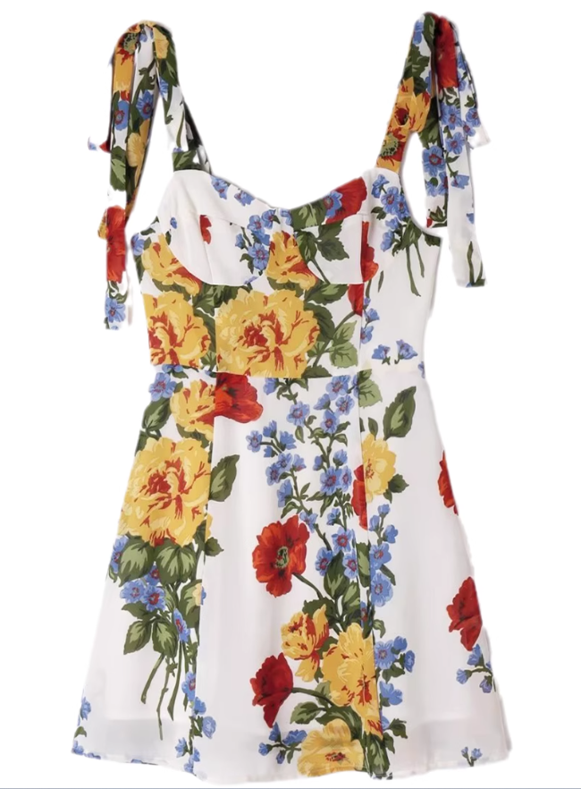 2025 Summer New French Waist Sexy Printed Short Holiday Suspender Dress R0972