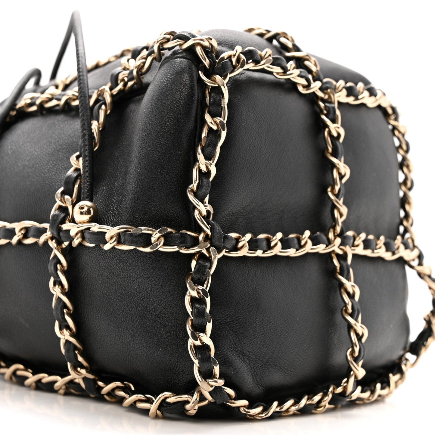 Lambskin Bucket Chain Drawstring Bag Black
