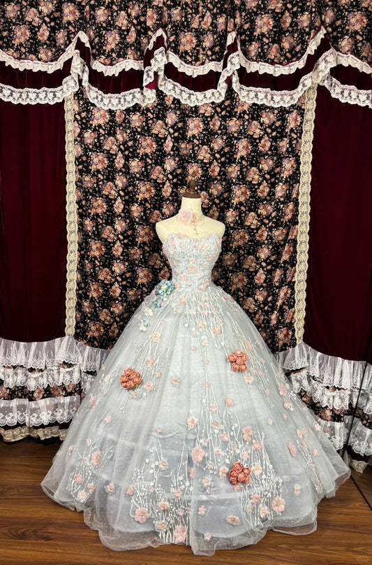 Pretty Sweetheart Strapless A-line 3D Flower Tulle Prom Dress Evening Gown TP3785