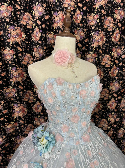 Pretty Sweetheart Strapless A-line 3D Flower Tulle Prom Dress Evening Gown TP3785
