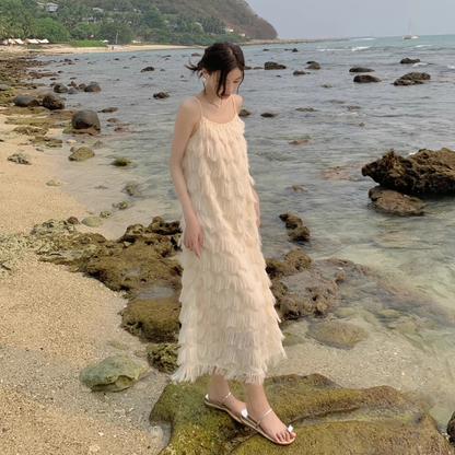 New Fashion Tassels Design Pink Beach Elegant Spaghetti Strap Dress TP2965