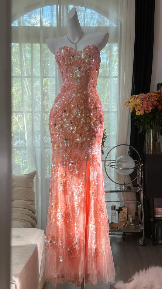 Glitter Strapless Pink Tulle Sequin Beaded Mermaid Party Dress Slit Long Evening Gown