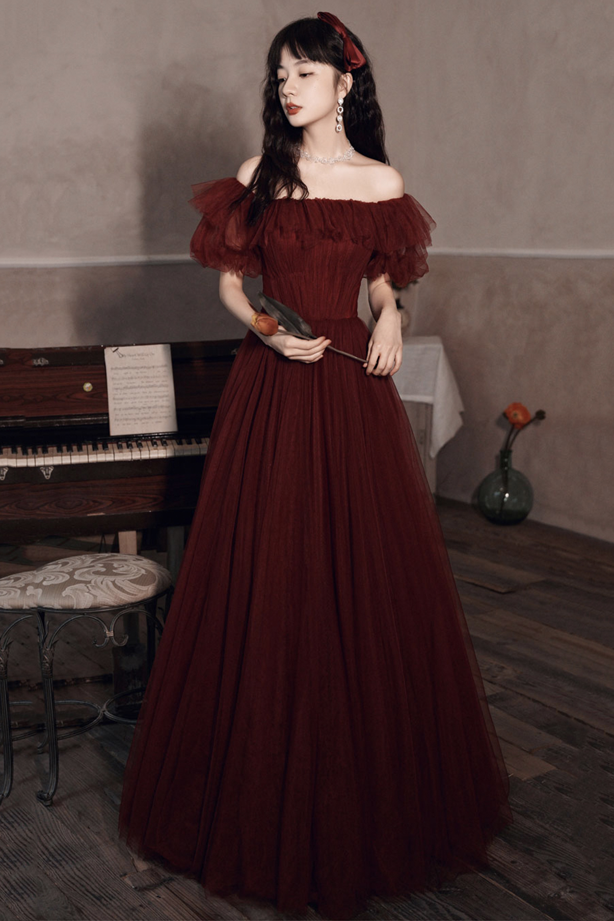 Burgundy Off The Shoulder Tulle Line Prom Dress Evening Dress Y8351