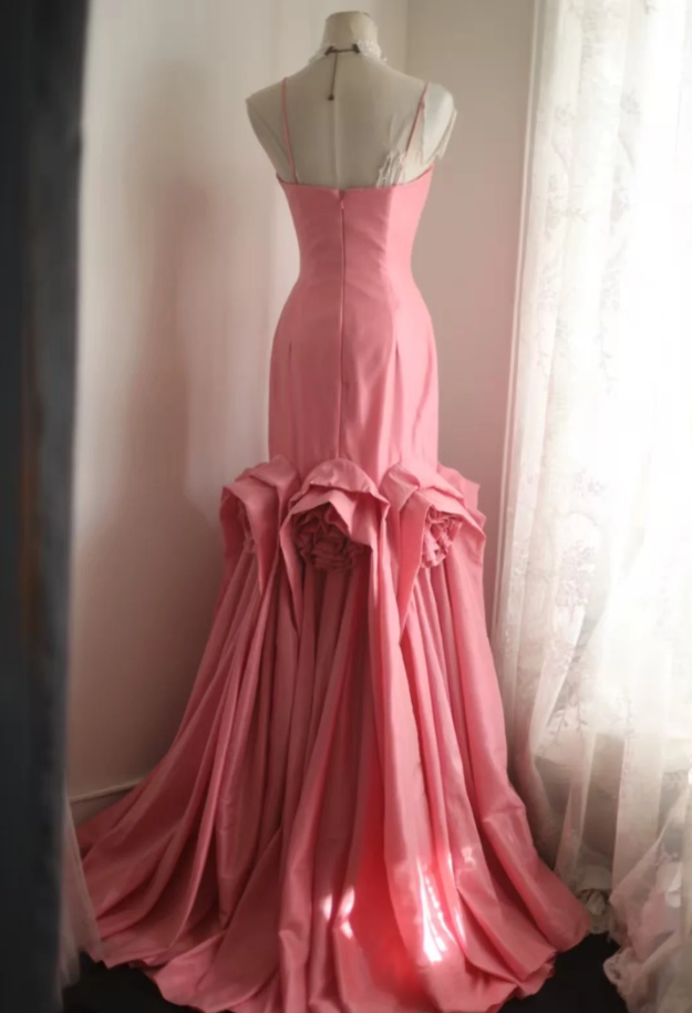 Elegant Spaghetti Straps Pink Satin Pleated Floral Mermaid Long Party Dress Birthday Evening Gown