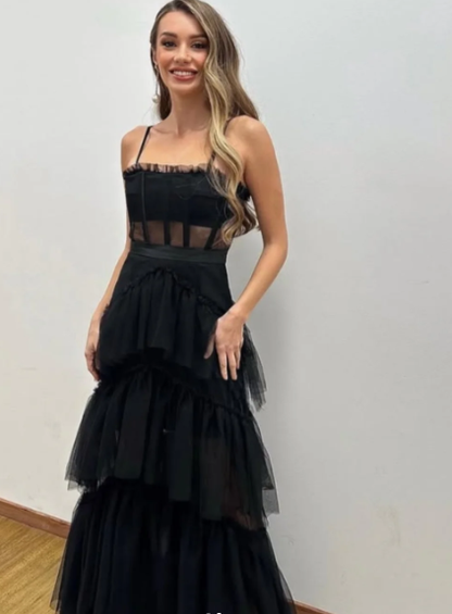 Elegant A-line Layered Tulle Black Prom Dress,Sheer Corset Long Evening Dress,Graduation Dress Y1765