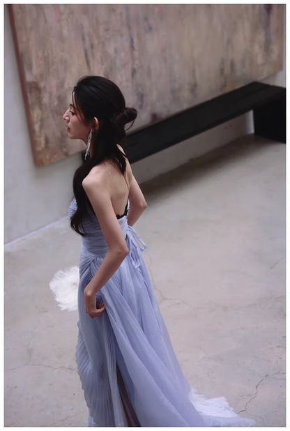 Classy Haze Blue Strapless Tulle Pleated Mermaid Long Party Dress Evening Gown