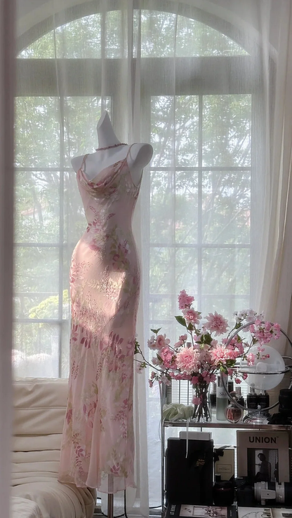 Sweet Pink Delicate Floral Long Chiffon Evening Dress Birthday Party Dress  Y9795