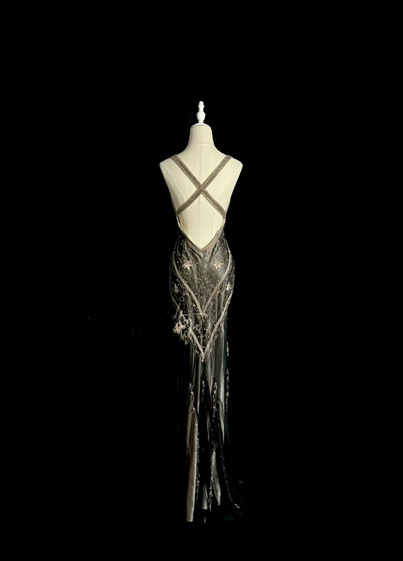 Black halter-neck beaded fitted long ball gown R6649