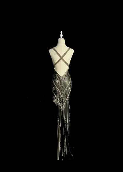 Black halter-neck beaded fitted long ball gown R6649