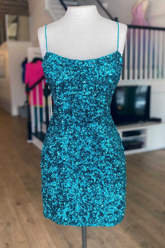 PM247,Spaghetti Straps Bodycon Mini Dress,Short Sequin Graduation Dresses