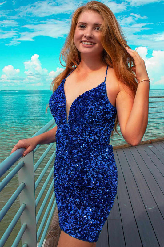 Fitted Royal Blue Sequin Cocktail Dress Outfit