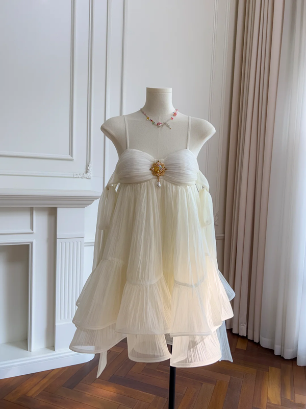 White suspender pleated design cute mini skirt homecoming dress R4998