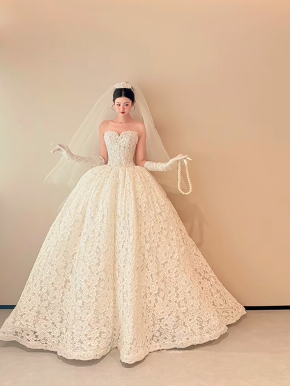 White strapless lace waist slim elegant puffy skirt long dress bridal dress R6030