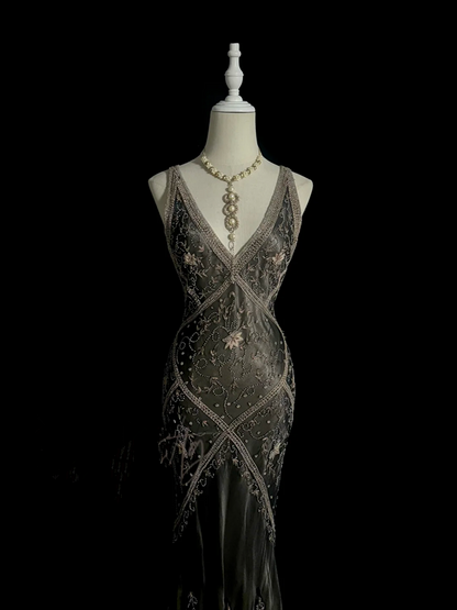 Black halter-neck beaded fitted long ball gown R6649