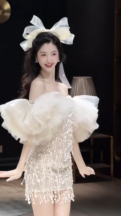 White one-shoulder tassel design waist slim hip cute sexy princess skirt homecoming dress R4227