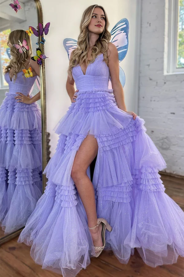 omberprom A-Line Spaghetti Straps Long Evening Dress Tiered Tulle Prom Dress With Split