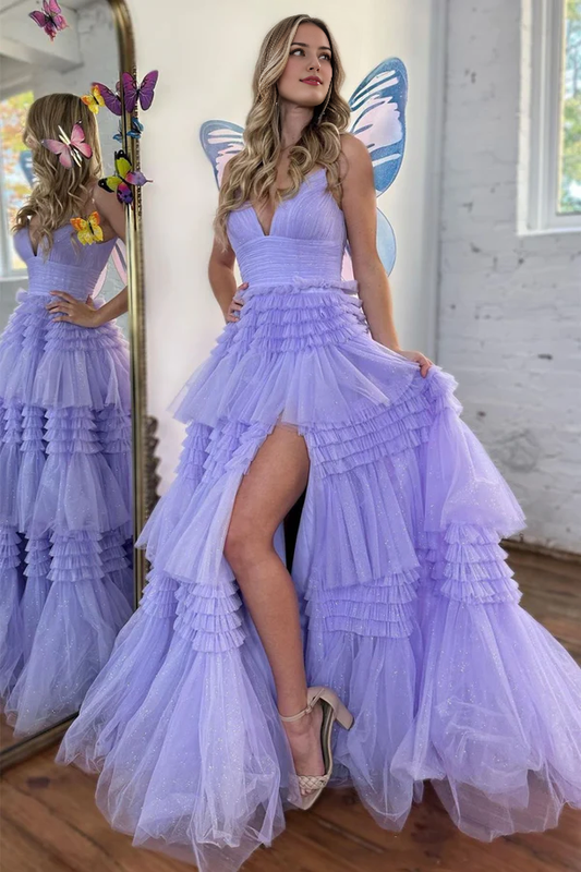 omberprom A-Line Spaghetti Straps Long Evening Dress Tiered Tulle Prom Dress With Split