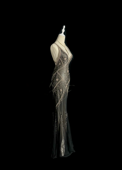 Black halter-neck beaded fitted long ball gown R6649
