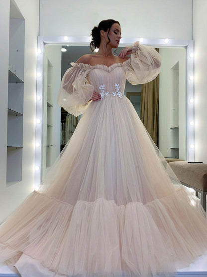 Champagne tulle lace long prom dress, champagne evening dress