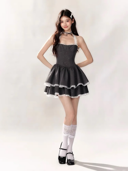 Gray halter neck slim waist cake skirt homecoming dress R5369