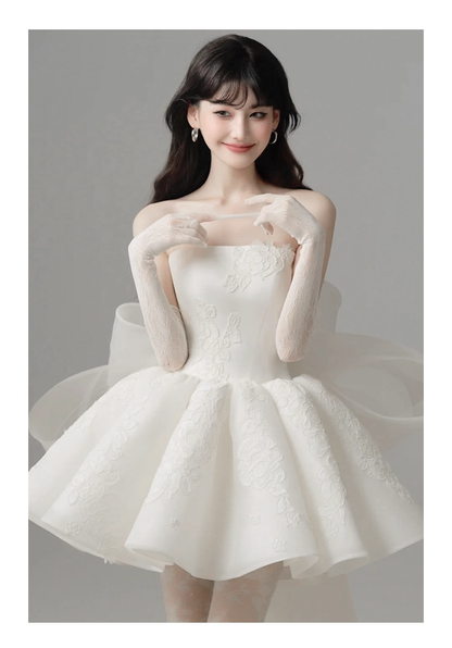 Classy Strapless Organza Appliques White A Line Short Homecoming Dress Formal Birthday Outfits With Bow Y9563
