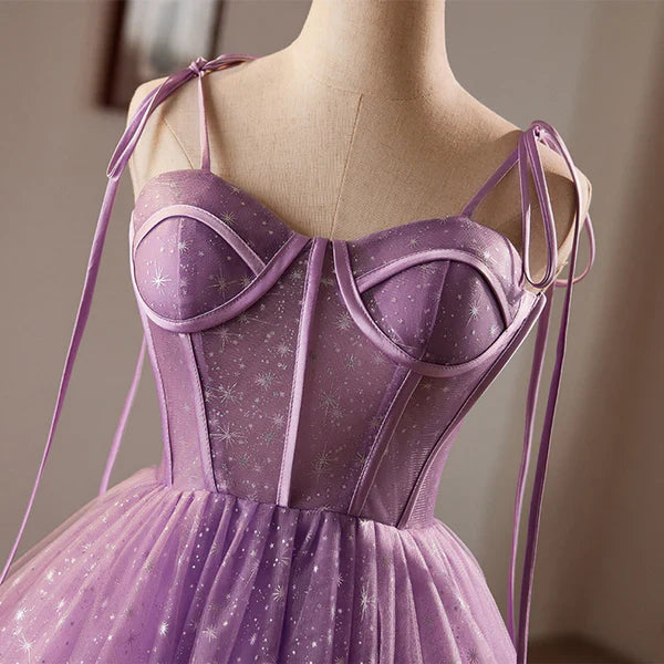 Charming Purple Tulle Design A-line Spaghetti Strap Homecoming Dress TP3625