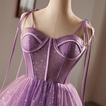 Charming Purple Tulle Design A-line Spaghetti Strap Homecoming Dress TP3625