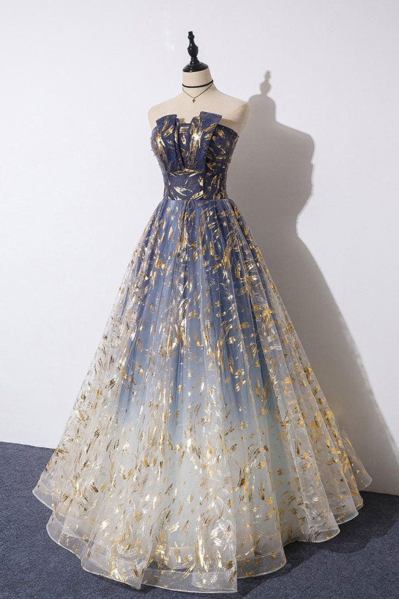Blue Tulle A-line Gradient Long Formal Dress, A-line Blue Evening Dress Prom Dress