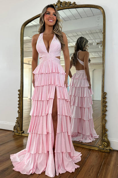 Sexy Sparkly Black A-Line V-Neck Layered Beaded Prom Dress with Leg Slit